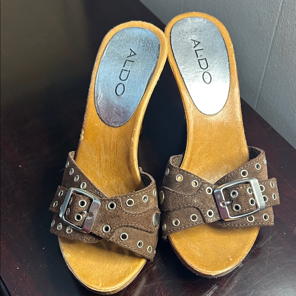 Aldo Brown Peep-Toe Heels with Silver Accents 4 35 - Picture 2 of 4